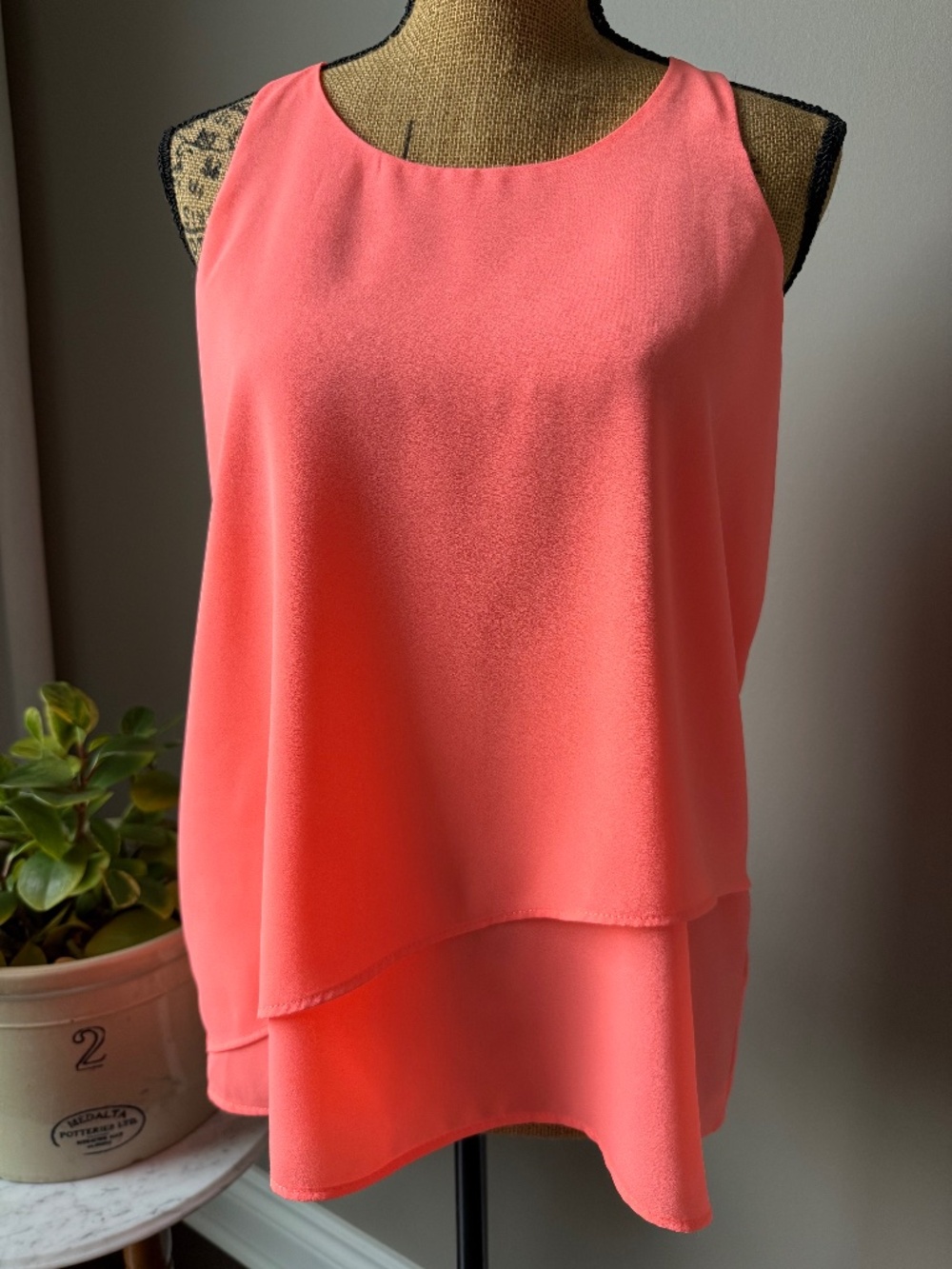 Pink Rose Neon Coral Chiffon Style Layered Tank Top Flowy Sleeveless Blouse M